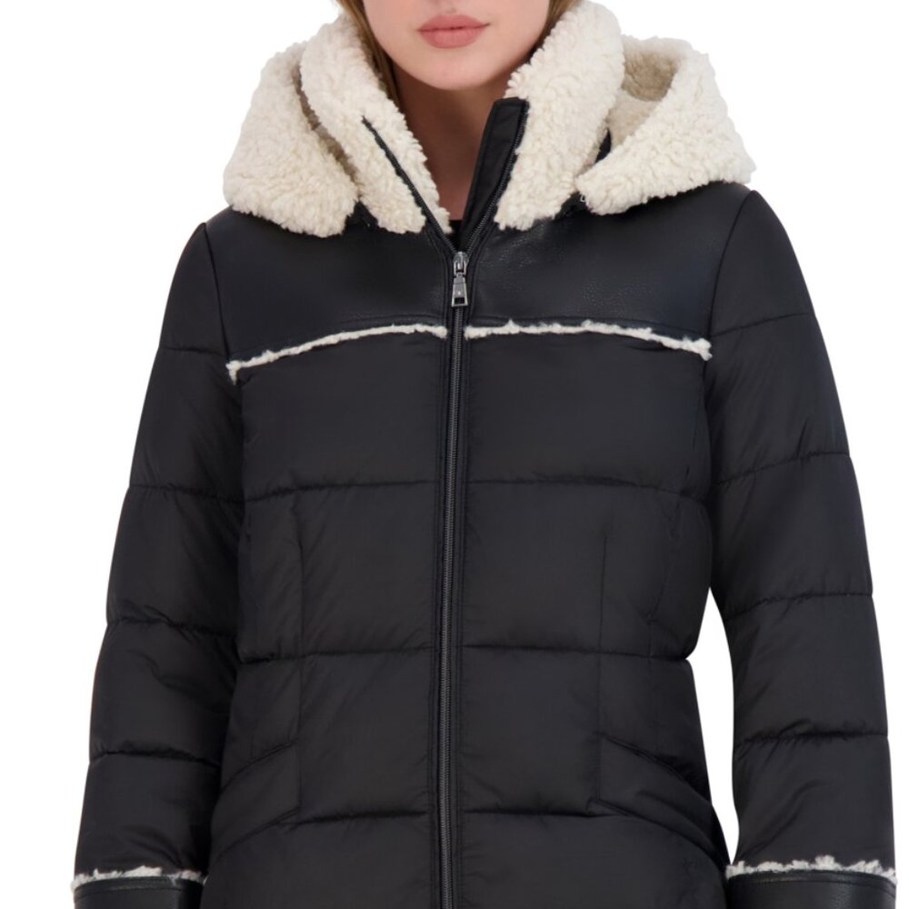 Elie Tahari Black Puffer Coat with Cream Sherpa Trim